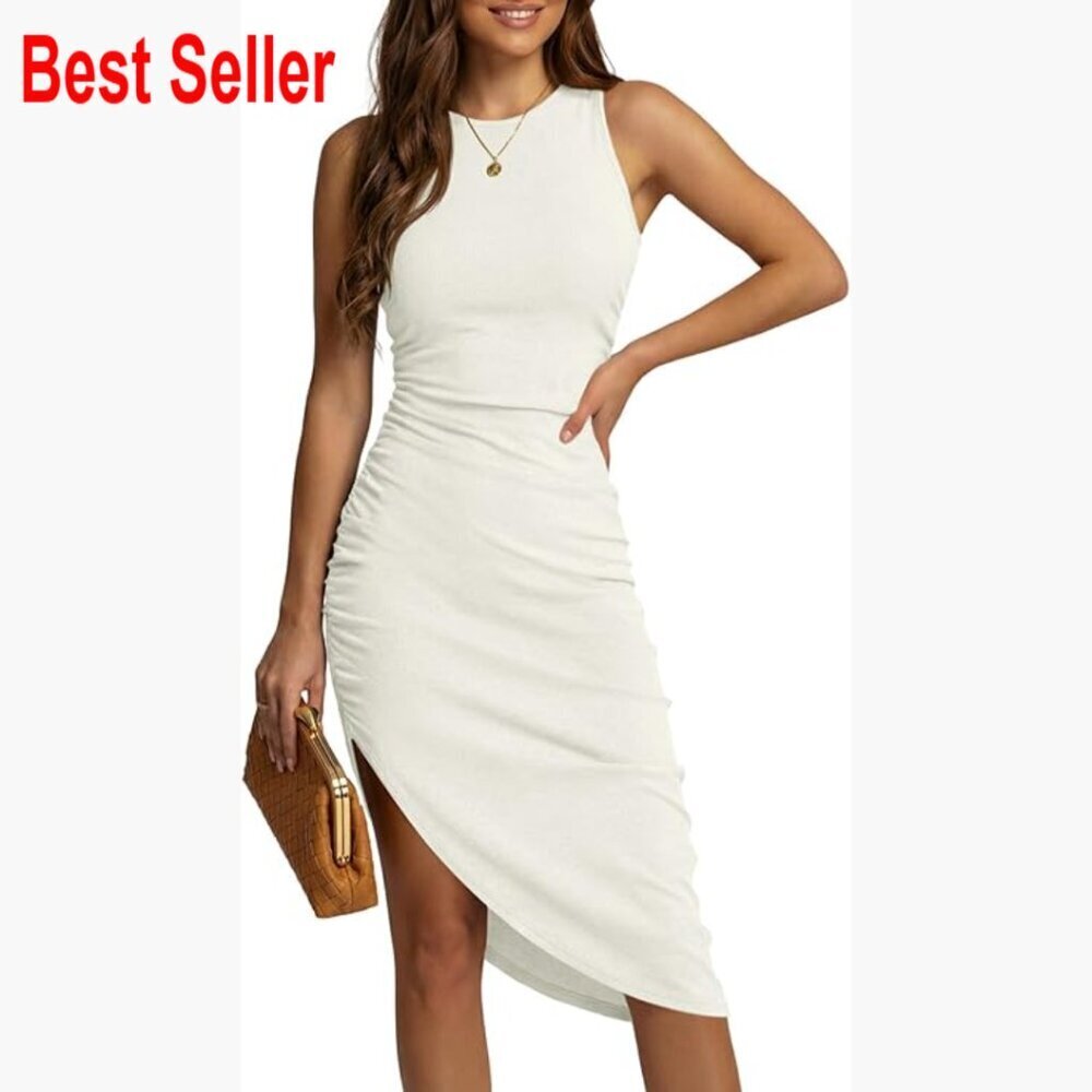 Polyester Elastane Bodycon Midi Dress with Ruched High Slit